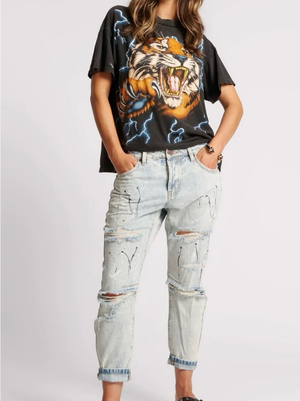 One Teaspoon Saints Low Waist Boyfriend Denim Jeans - Florence Painted